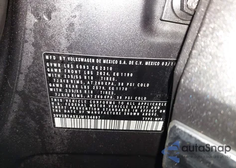 2018 Volkswagen Tiguan 2.0T Se/2.0T Sel z USA, uszkodzony, nr VIN 3VV2B7AXXJM134697